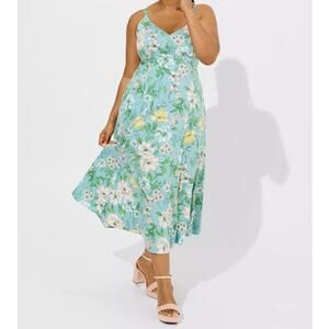 Torrid Tea Length Stretch Challis Trapeze Dress Blue Floral Womens Size 2 US 2X